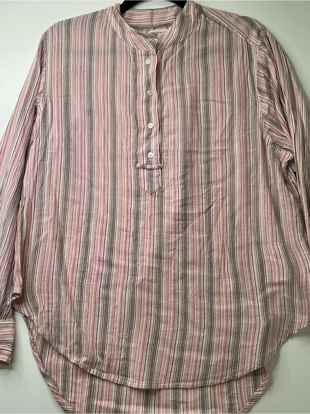 Lucky Brand Shirt Tunic Striped Cotton Band Collar Long Sleeve Sz S New